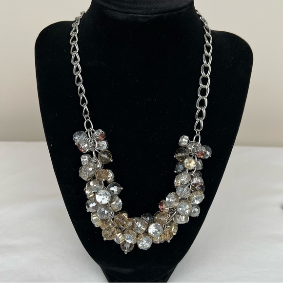 Multiple crystal layered necklace w/ gold, gray & clear stones. Silver chain 18” - Picture 2 of 4